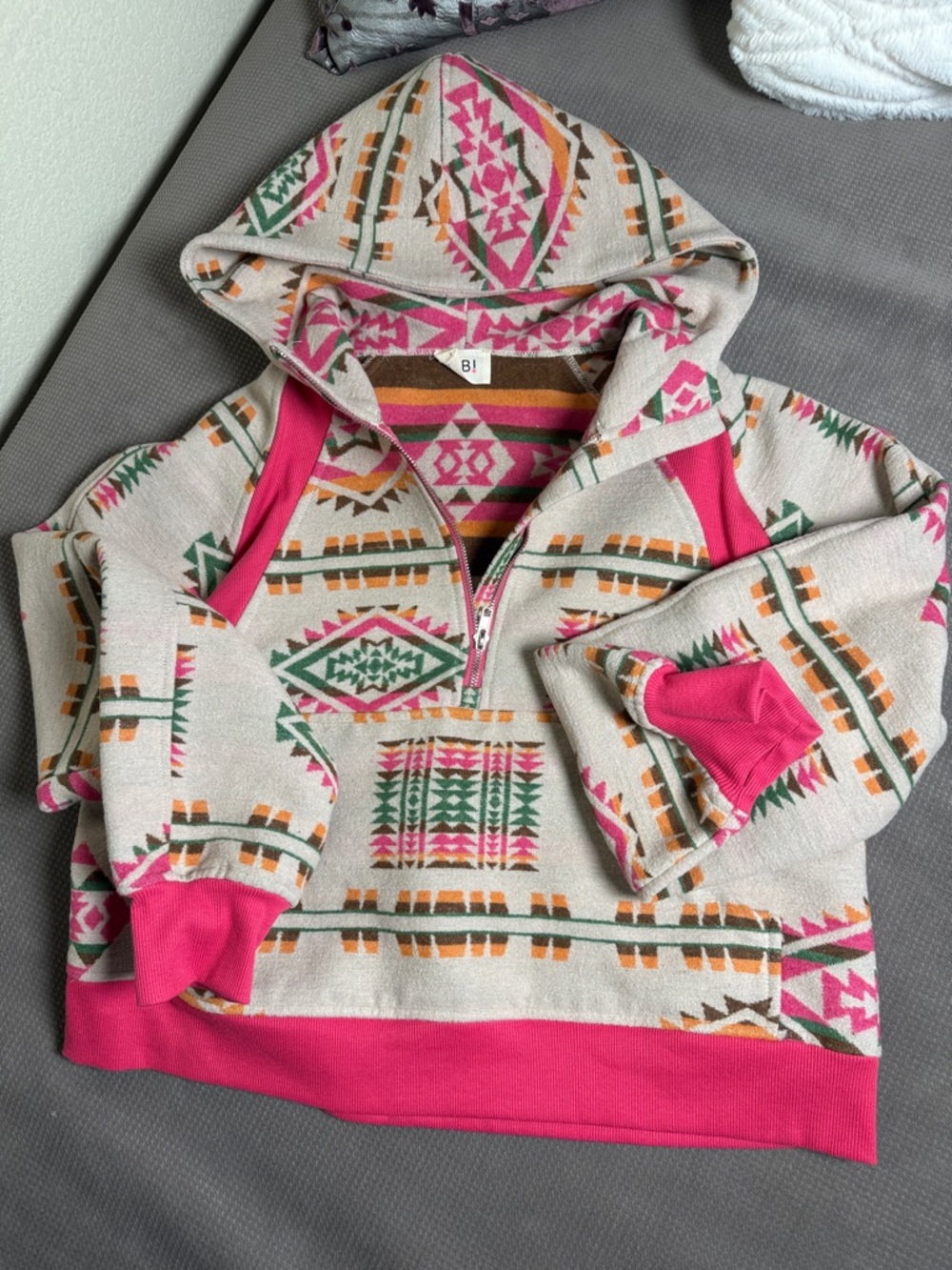 BiBi Beige Aztec Print Half-Zip Hoodie with Pink Trim